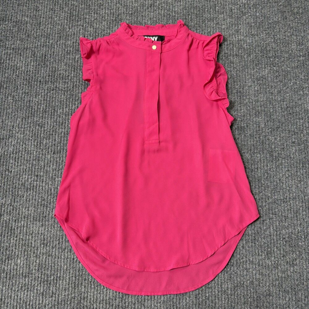 DKNY Nikki Beach Top Women Size PXS Pink Ruffle Blouse Sleeveless Button NEW